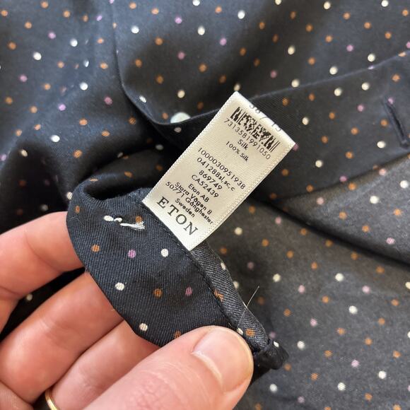 Eton Navy Silk Twill Shirt Pin Polka Dots Slim Fit Dress 38/15 Long Sleeve - Picture 2 of 9